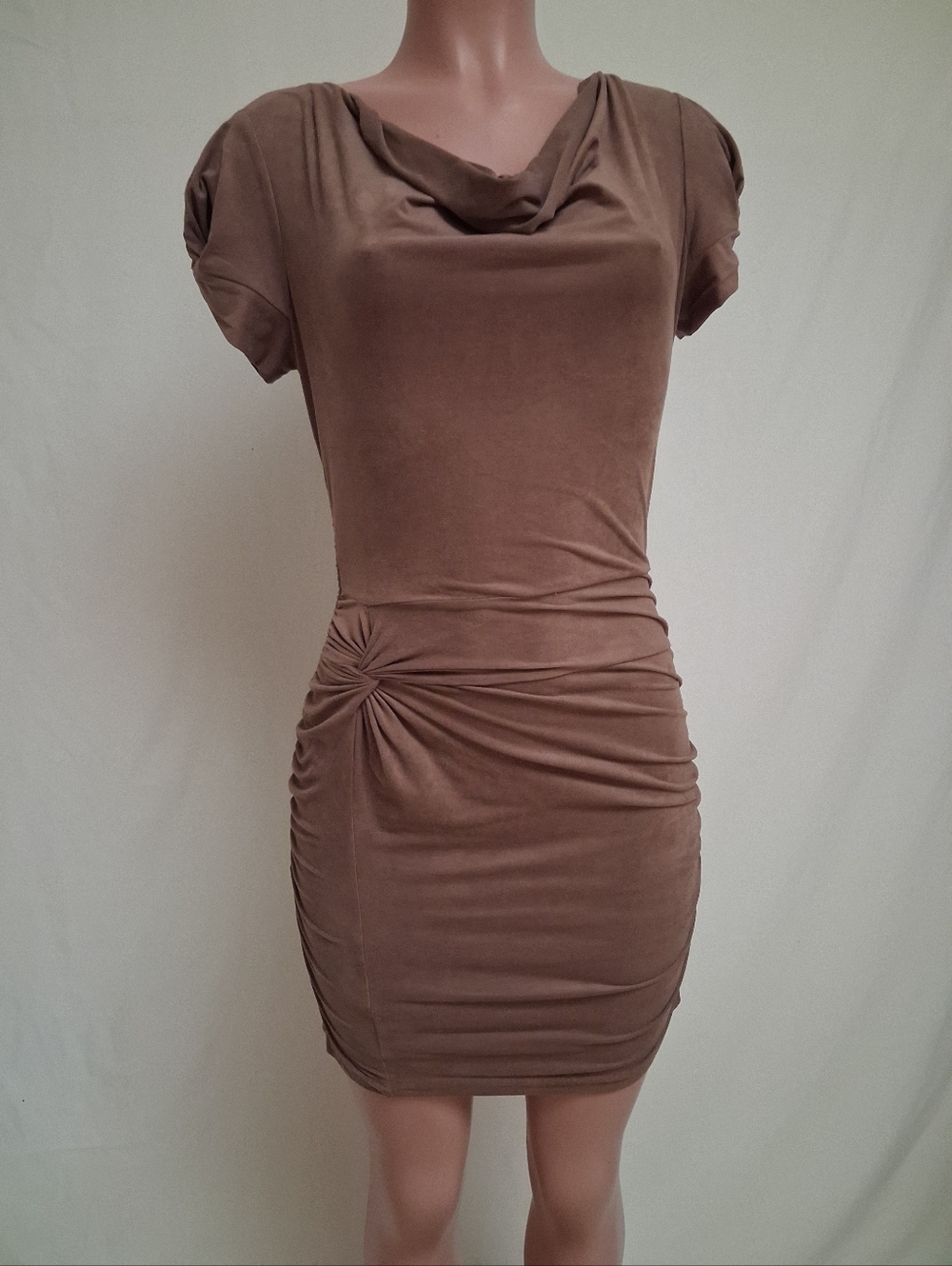 BEBE Brown Suede Cowl Neck Ruched Mini Dress Size S
